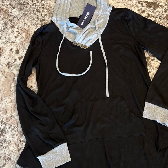 L New Miagooo Two Tone Assymetrical Hem Pocket Hoodie Tunic Black Gray Large - Picture 10 of 10